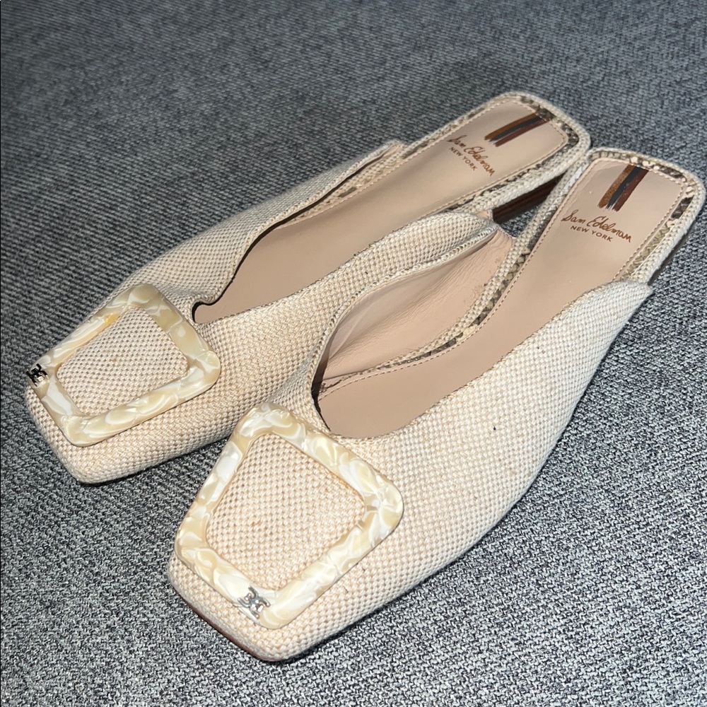 Sam Edelman Cream Slip-On Mules with Decorative Buckle